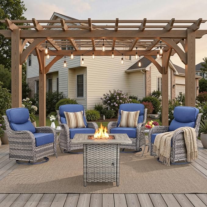 Luxury High Back Patio Furniture Set 30" Fire Pit Table with 6-Inch Thick Cushions, 5-Pieces Outdoor Furniture w/ 4 Swivel Chairs, Wicker Conversation Set for Porch, Balcony, Deck and Yard, Grey/Blue