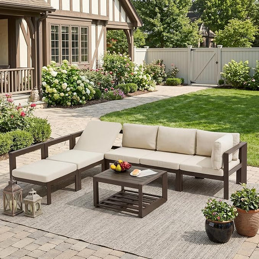 7 Pcs Metal Aluminum Patio Furniture Set Adjustable Corner Sofa with Coffee Table Outdoor Luxury Conversation Sofa Set
