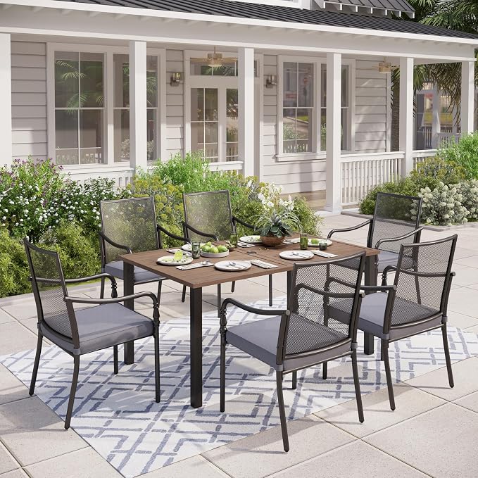 MIXPATIO 7 Pieces Outdoor Patio Dining Set for 6,Outdoor Metal Furniture Dining Set, 6 Metal Chairs with Thickened Cushions, 60" Rectangle Table for Garden Backyard with 1.57" Umbrella Hole