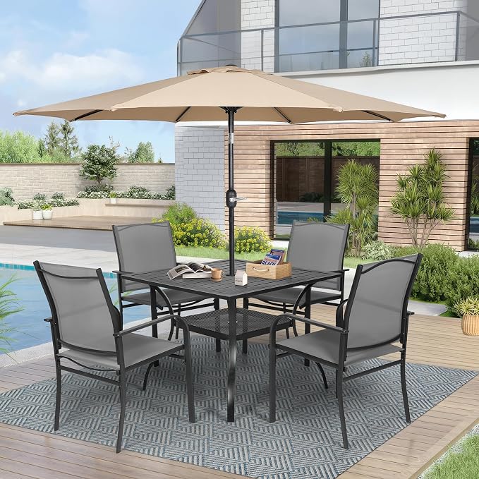 Crownland 5 Piece Patio Dining Set, Textilene Dining Sets, 4 Textilene Metal Chairs and Square Outdoor Dining Table with Khaki 9FT Round Outdoor Umbrella (Grey)