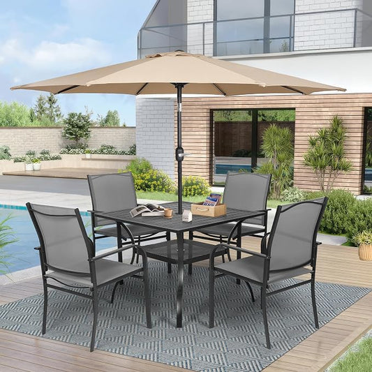 Crownland 5 Piece Patio Dining Set, Textilene Dining Sets, 4 Textilene Metal Chairs and Square Outdoor Dining Table with Khaki 9FT Round Outdoor Umbrella (Grey)