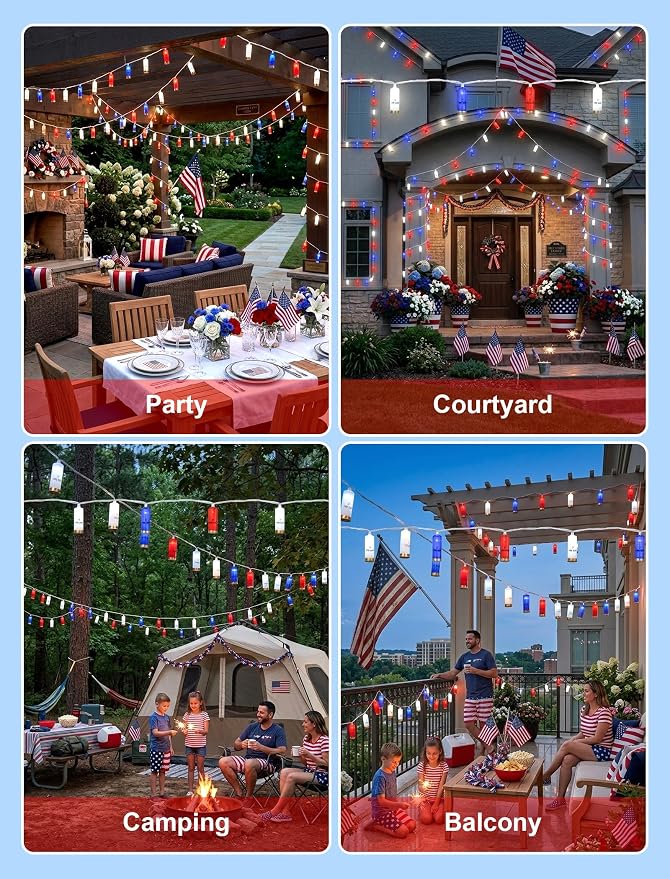 8.5Ft 4th of July String Lights, 10 LED Red White Blue Shotgun Shell Lights | Plug in for Home Classroom Porch Backyards Tree Patriotic Holiday Decorations, Indoor and Outdoor Use