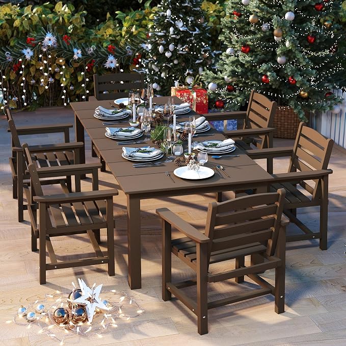 HDPE 7-Piece Outdoor Dining Set with 15FT Umbrella, Brown | All-Weather Patio Table and Chairs for 6, Fade-Resistant Patio Furniture Dining Set for Lawn, Garden, Deck, Backyard