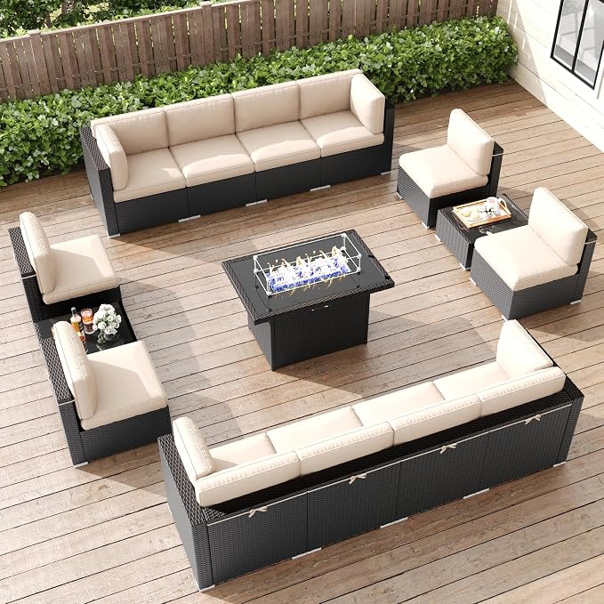 LayinSun 15 Pieces Patio Furniture Set with Fire Pit Table, Black Rattan Modular Sectional Patio Conversation Sofa Set