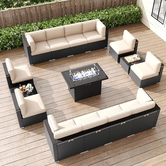 LayinSun 15 Pieces Patio Furniture Set with Fire Pit Table, Black Rattan Modular Sectional Patio Conversation Sofa Set