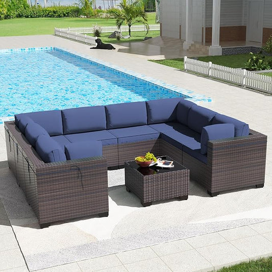 Kullavik 9PCS Outdoor Patio Furniture Set PE Wicker Rattan Sectional Sofa Patio Conversation Sets,Navy Blue