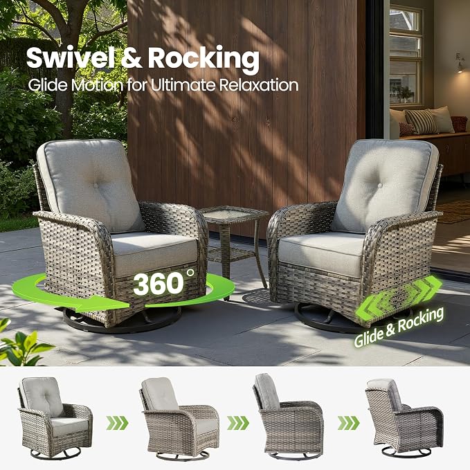 6 Piece Wicker Patio Furniture with Swivel Rocker Chair, Dark Gray | High Back Swivel Rocker Chairs, Outdoor Sofa Ottoman, Heavy Duty, All Weather Rattan Modern Conversation Sets, Deck Backyard