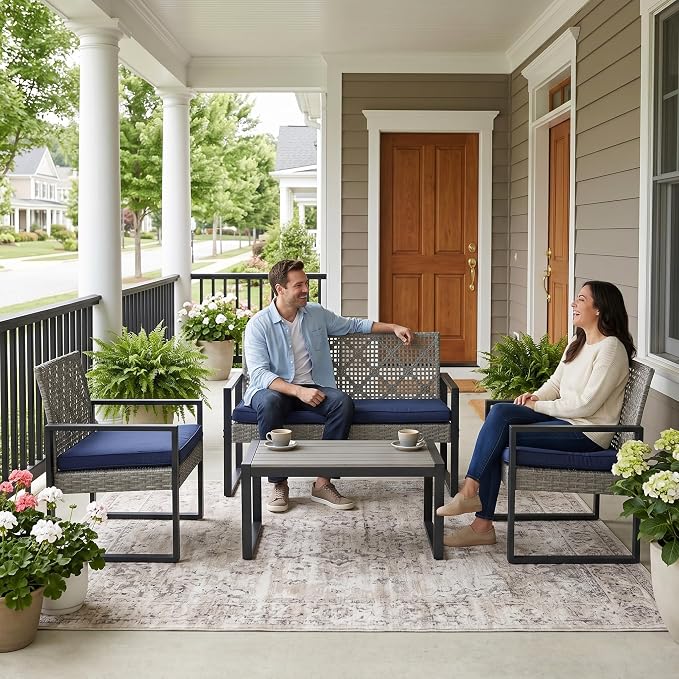 4 Pieces Patio Furniture Set Outdoor Furniture Set with Table, Wicker Patio Conversation Sets with Soft Cushion with 1 Spacious Souble Chair and 2 Single Chairs for Home, Garden, Lawn (Light Gray)