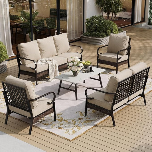 SUNSHINE VALLEY 5 Piece Metal Outdoor Patio Furniture Set, Patio Conversation Sets 1 3-Seater Sofa, 2-Seater Sofa, 2 Fixed Sofa with 5.75" Thick Cushion & Coffee Table Black Backyard Furniture, Beige