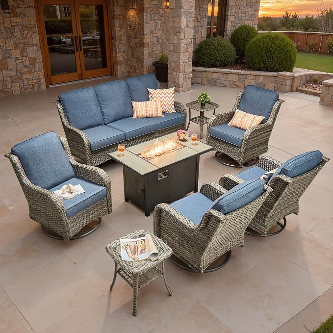ovios 8-Piece Patio Furniture Set with Swivel Chairs Side Table, Outdoor Wicker Sofa with 42" Fire Pit Table, High Back Couch Modern Conversation Sets, Grey/Denim Blue