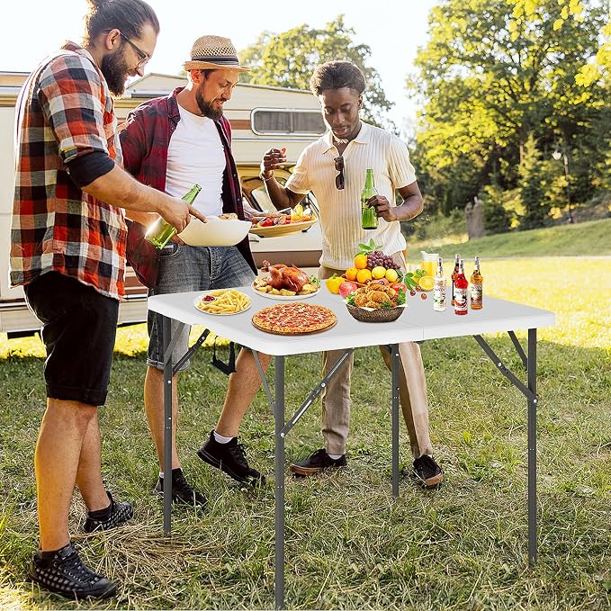 34 Inch Square Folding Table - Heavy Duty Portable Card Table for Indoor & Outdoor, Compact PVC Tabletop with Sturdy Metal Frame, Multi-Purpose for Dining, Parties, Backyard, Poolside, Balcony (White)