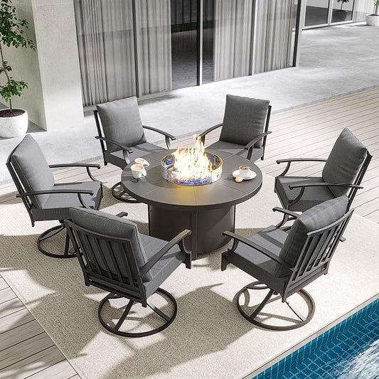 7 Piece Outdoor Dining Set for 6 with 48" Round Propane Fire Pit, Metal Outdoor Table and Chairs with 6 Swivel Chairs and 55000 BTU Outdoor Fire Pit, Patio Furniture Set for Patio, Deck, Grey