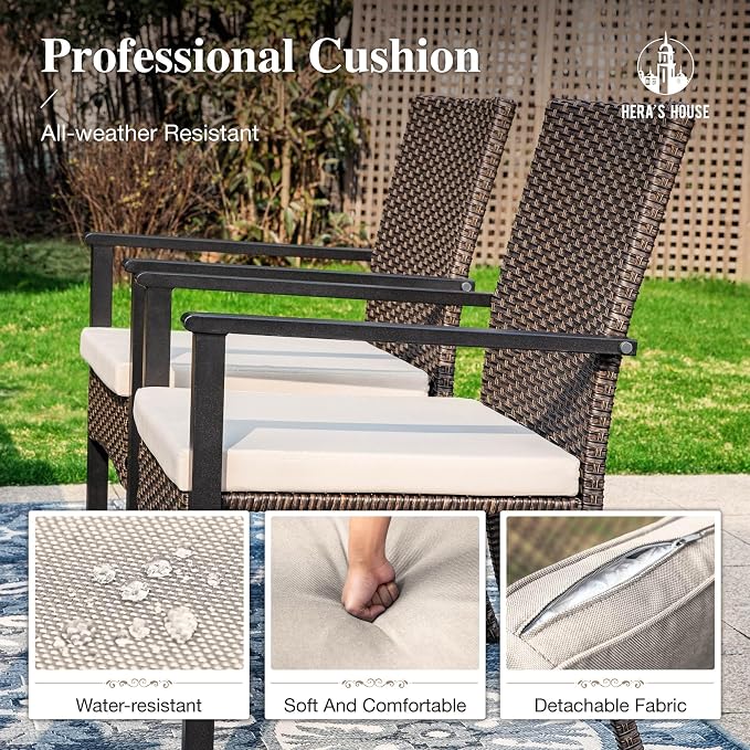 HERA'S HOUSE Patio Dining Sets for 6, Outdoor Rattan Chairs and Wood-Like Table with 1.57" Umbrella Hole, Modern Outdoor Table and Chairs for Deck, Balcony, Backyard and Garden