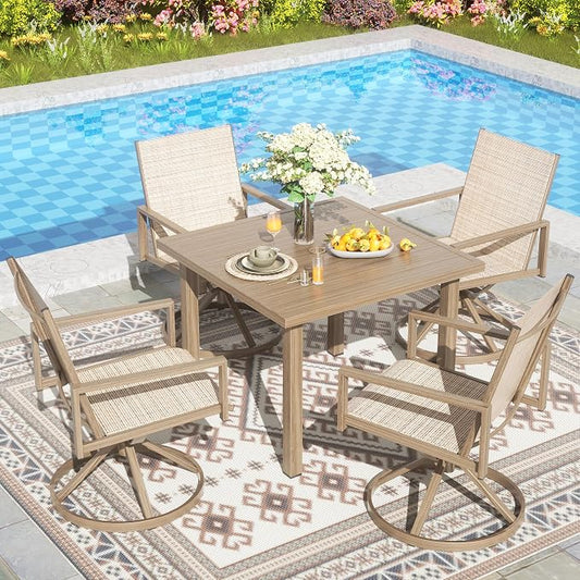 NATURAL EXPRESSIONS 5 Piece Outdoor Patio Dining Set with 4 Swivel Dining Chairs & 38'' Square Woodgrain Dining Table, Gray Textilene Mesh Fabric Chair for All Weather Deck Lawn Garden