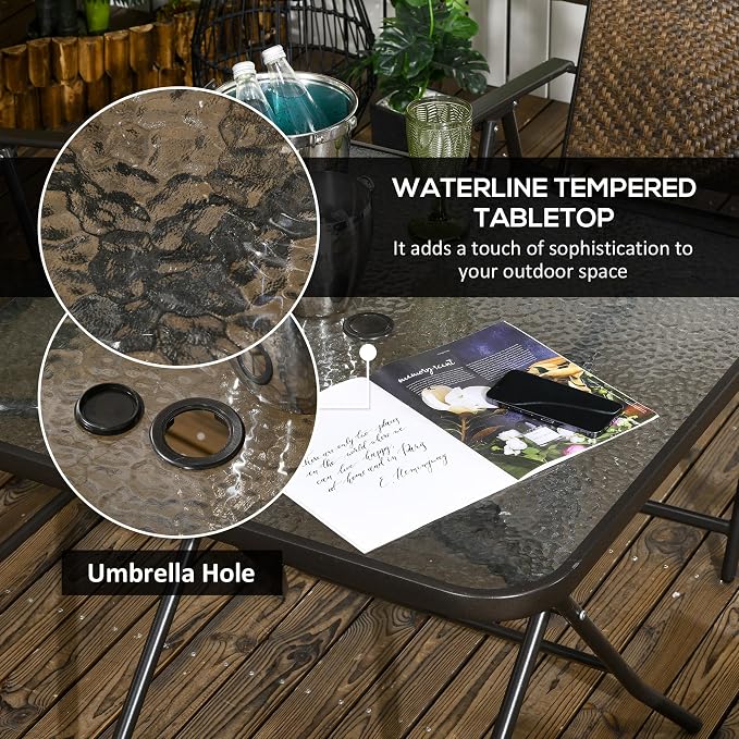 Outsunny 5 Pieces Wicker Patio Dining Set, Foldable Outdoor Table and Chairs, Wicker Furniture Dining Set with Umbrella Hole, Tempered Glass Table, Dark Brown