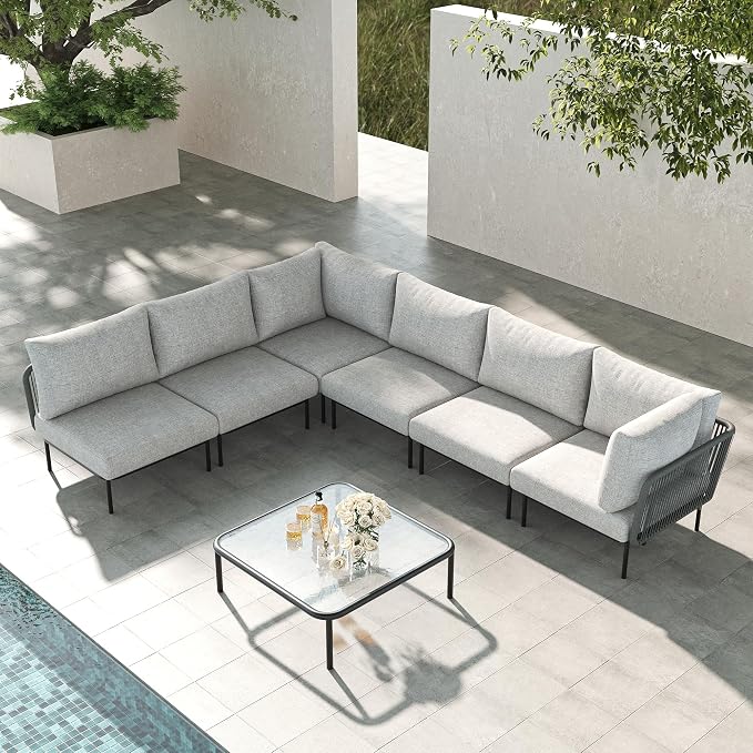 LayinSun 7 Pieces Aluminum Patio Furniture Set, Modern Modular Sectional Sofa with Coffee Table and Upgrade Thickness Cushion