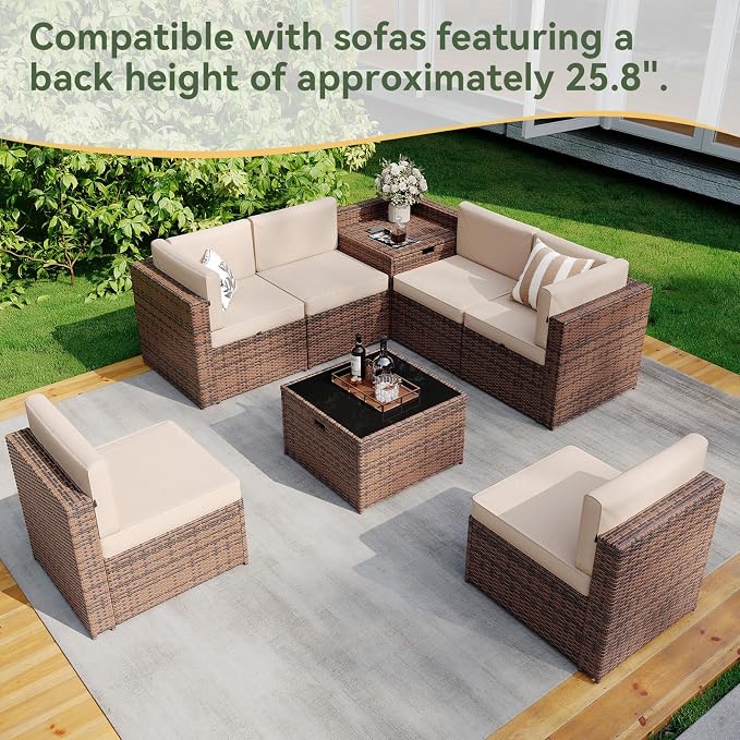 Aoxun Outdoor Wicker Storage Coffee Table, All-Weather Side Table with Waterproof Cover, for 25.8" High-Back Sofas Brown