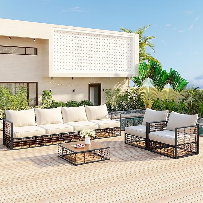 7-Piece Metal Patio Sectional Sofa Set, Free Combination Sofa Set with Coffee Table, All-Weather Garden Conversational Furniture Set with Thick Cushions and 8 Pillows (Dark Gray Frame+Beige Cushion)