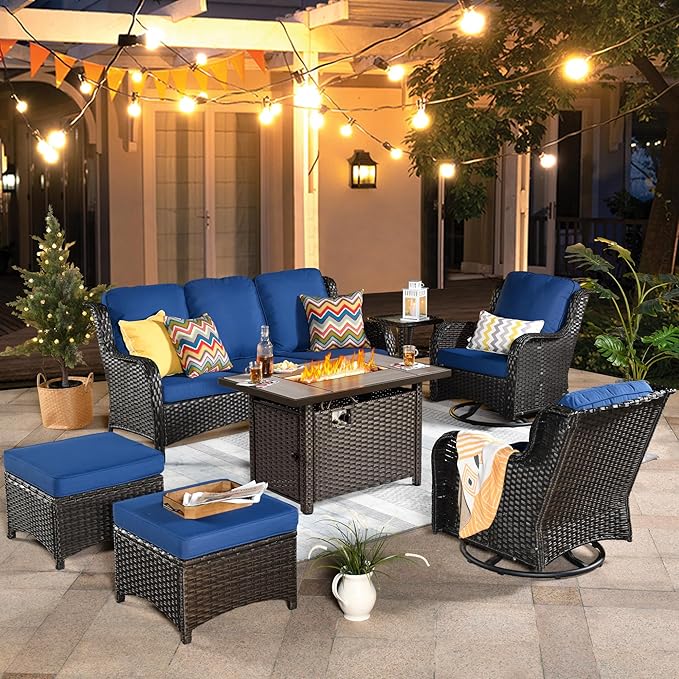 ovios 7-Pieces Patio Furniture Set with 42" Fire Pit Table Swivel Chairs, Outdoor Wicker Sofa Couch Gliders Rocker, High Back Modern Conversation Set, Brown Rattan, Navy Blue
