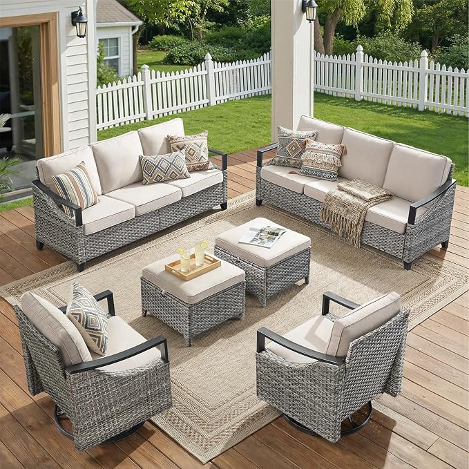 6 Piece Wicker Patio Furniture Sets-High Back Wicker Swivel Rocker Patio Chairs Set of 2 with Thick Cushions Ottomans, Outdoor Sofa, Patio Conversation Sets for Porch Balcony Patio Deck Grey/Beige