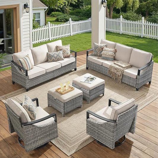 6 Piece Wicker Patio Furniture Sets-High Back Wicker Swivel Rocker Patio Chairs Set of 2 with Thick Cushions Ottomans, Outdoor Sofa, Patio Conversation Sets for Porch Balcony Patio Deck Grey/Beige