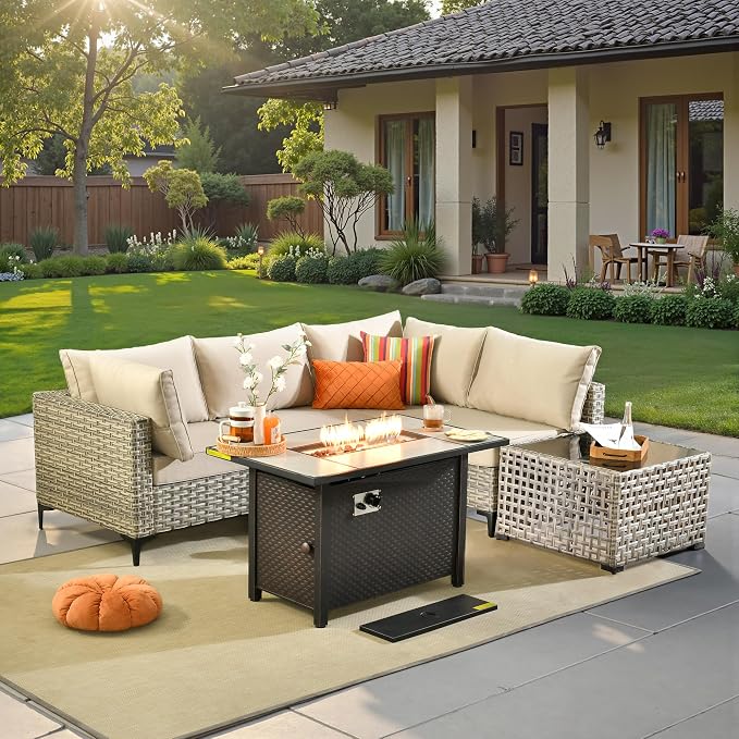6 Pcs Patio Furniture with Fire Pit Table, Outdoor Rattan Wicker Conversation Set with Glowing Coffee Table, Comfy Sectional Sofa for Porch Balcony Backyard Pool, Beige