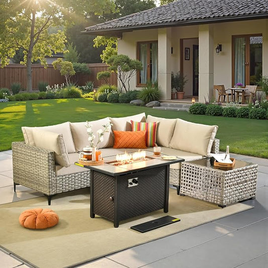 6 Pcs Patio Furniture with Fire Pit Table, Outdoor Rattan Wicker Conversation Set with Glowing Coffee Table, Comfy Sectional Sofa for Porch Balcony Backyard Pool, Beige