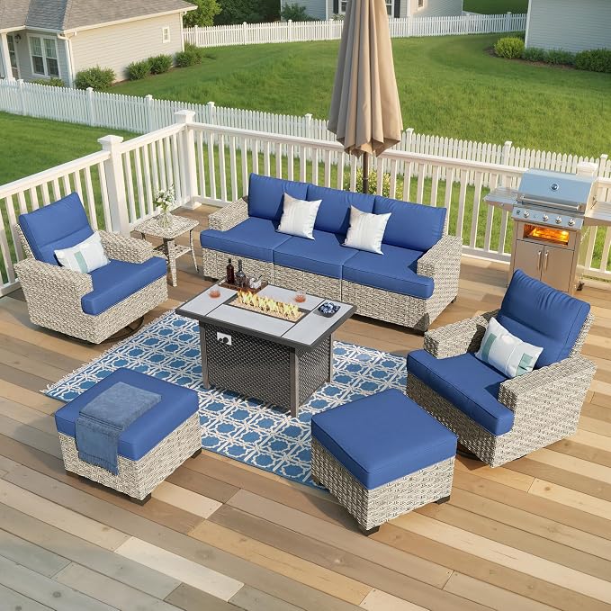 Weaxty 9 Pieces Wide Seats Outdoor Furniture Set, Sectional Couch Swivel Rocking Chair Ottoman Fire Pit Table, Thick Cushion All-Weather Rattan Patio Conversation Sets for Backyard Deck, Navy Blue
