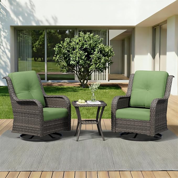 3 Piece Outdoor Wicker Patio Furniture Set, Swivel Rocker Patio Chairs Set with Thickened Olefin Cushions, High Back and Deep Seating, Hand-Woven PE Rattan for Porch, Deck