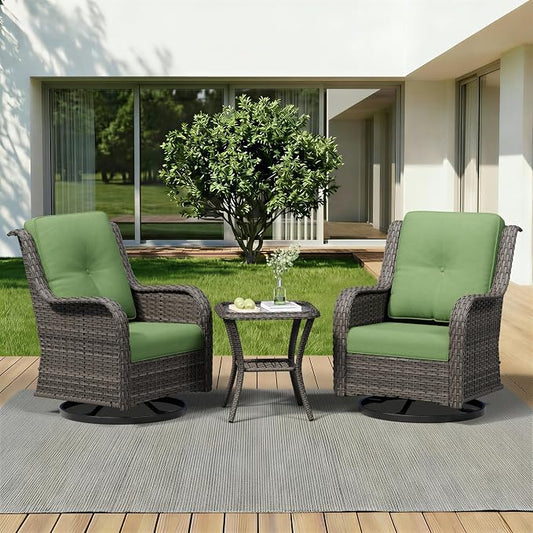 3 Piece Outdoor Wicker Patio Furniture Set, Swivel Rocker Patio Chairs Set with Thickened Olefin Cushions, High Back and Deep Seating, Hand-Woven PE Rattan for Porch, Deck