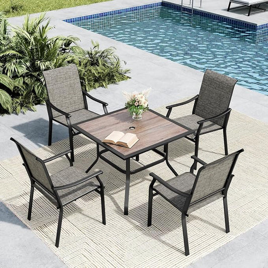 MFSTUDIO Patio Table and Chairs Set, 5 PCS Patio Dining Set with 4 Sling Dining Chairs and 1 Square Wood Like Top Table for 4, All Weather Resistant Patio Furniture, Grey