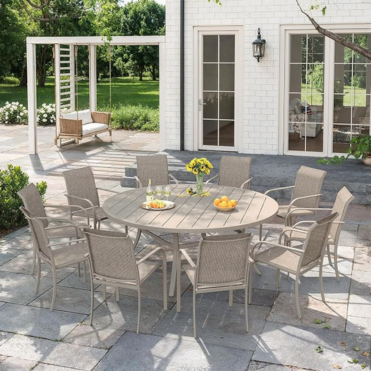VICLLAX 11 Pieces Patio Outdoor Dining Set, 60" Round Metal Table with Umbrella Hole and 10 Stackable Textilene Chairs for Patio, Lawn, Garden, Porch, Sandshell