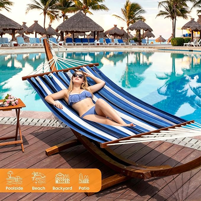 Lazy Daze Hammocks Cotton Fabric Spreader Bar Hammock and 10.5 Ft Wood Arc Hammock Stand Combo, for Indoor, Outdoor,Patio, Backyard, Blue and Cyan