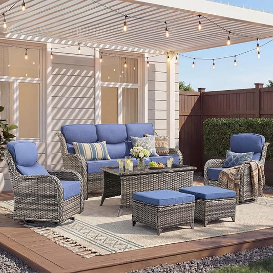 Luxury 6 Pieces Outdoor Patio Furniture Set-All Weather Wicker Outdoor Furniture with Swivel Rocker Patio Chairs 6-inch Extra Thick Cushions Wicker Conversation Set for Garden Porch(Grey/Blue)