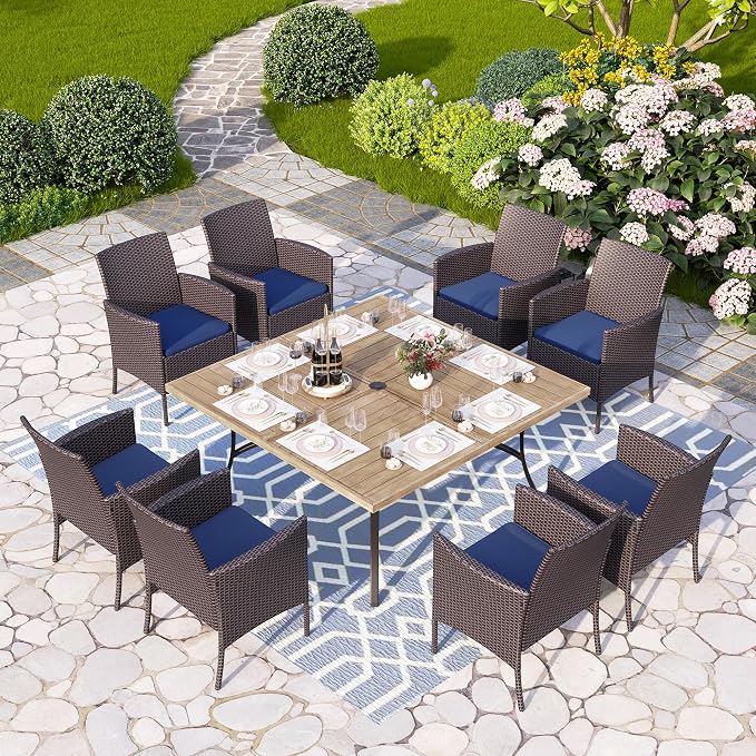 PHI VILLA 9 Pieces Square Outdoor Dining Set for 8, 57” Wood-Like Large Metal Steel Dining Table & Rattan Wicker Chairs with Cushions, Dining Furniture Set for Patio, Deck, Yard, Porch