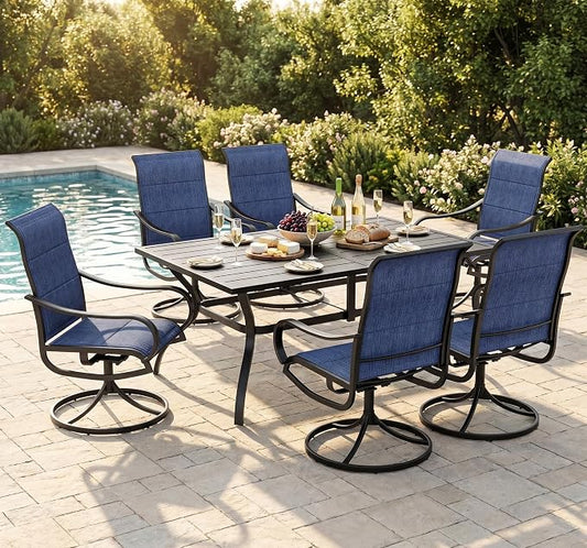 PHI VILLA Patio Dining Set for 6, Metal Table & Swivel Padded Chairs, Blue | High back padded chairs，All weather reistant, Rectangular metal table, 7 piece, Umbrella hole, Patio deck backyard