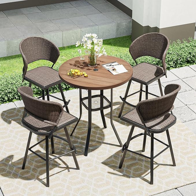 VICLLAX Outdoor Bar Table, 35.4" Wide Round Patio Bar-Height Table Weather Resistant Metal Slatted Tabletop with Umbrella Hole for Front Porch Deck, Backyard, Walnut