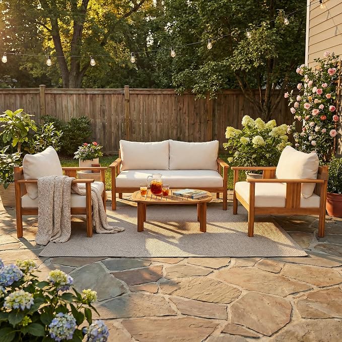 Christopher Knight Home Willy Acacia Wood Patio Furniture Set with Water-Repellent Cushion, 4 Piece Outdoor Acacia Wood Conversation Set, Outdoor Sectional Sofa Set with Coffee Table, Beige+Teak