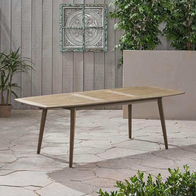 IRONORA Grey Wash Acacia Wood Extendable Patio Dining Table, 94.5 Inch Rectangular Slatted Top Outdoor Farmhouse Table for 6-8 People, Weathered Wooden Table for Backyard Balcony
