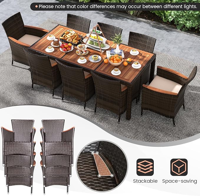 Tangkula 9 Pieces Outdoor Dining Set - Patio Wicker Furniture with Acacia Wood Table Top, Rattan Dining Table Chairs Perfect for Outdoor and Indoor