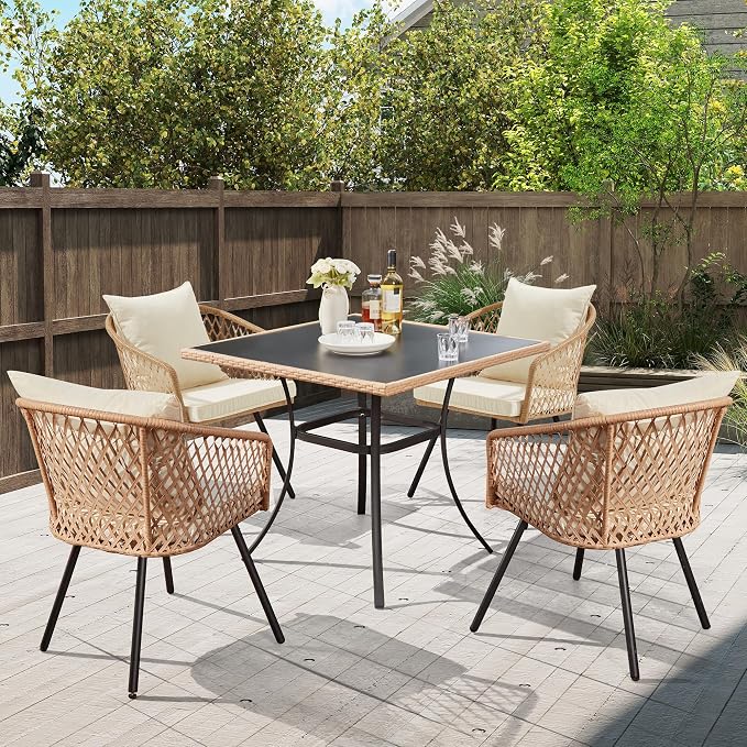 ECOTOUGE 35.2" Square Patio Table, Outdoor Wicker Dining Desk with Tempered Glass Top for 4-5 Persons, Bistro Rattan Furniture Garden Table for Balcony, Backyard, and Sunroom - Black Metal Steel Slat