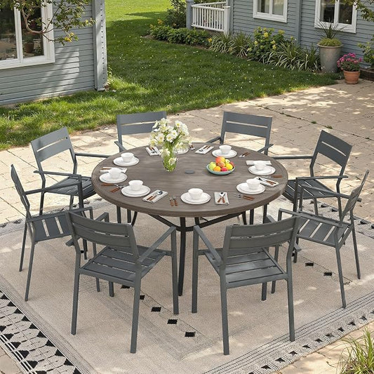 Patio Dining Set for 8, 53" Outdoor Dining Table and Chairs Set with Stackable Patio Chairs Outdoor Furniture for Garden Deck Backyard, Grey Table and Grey Chairs