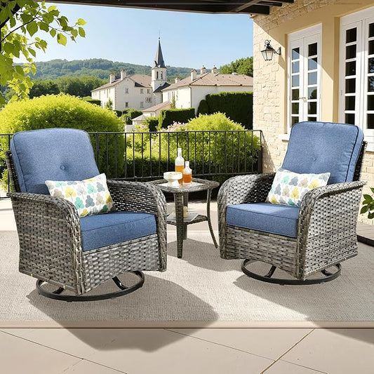 ovios 3-Piece Patio Furniture Set, Outdoor Wicker Sofa with Swivel Chairs, High Back Rattan Gliders Rocker with Comfy Cushions for Porch Yard Deck, Denim Blue