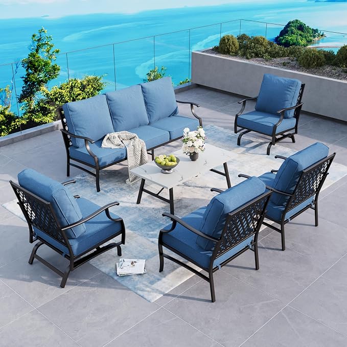 SUNSHINE VALLEY 6 Piece Metal Outdoor Patio Furniture Set, Patio Conversation Set 1 3-Seater Sofa, 2 Rocking Chair, 2 Leg Chair with 5.75" Thick Cushion and Coffee Table, Backyard Furniture Set, Navy