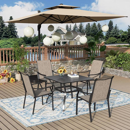 MIXPATIO 5 Pieces Patio Dining Set, 4 Person 37" Square Black Table and Textilene Chairs, with 1.57" Umbrella Hole, Outdoor Patio Table and Chairs, for Garden Lawn Porch Backyard Poolside