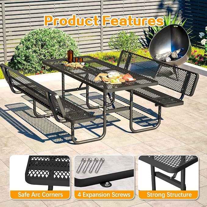 Outdoor Picnic Table with Umbrella Hole - Coated Steel Heavy Duty Commercial Grade Dining Table with Back Seat,Commercial Metal Picnic Table, Heavy Duty Rectangular Furniture Set for Life