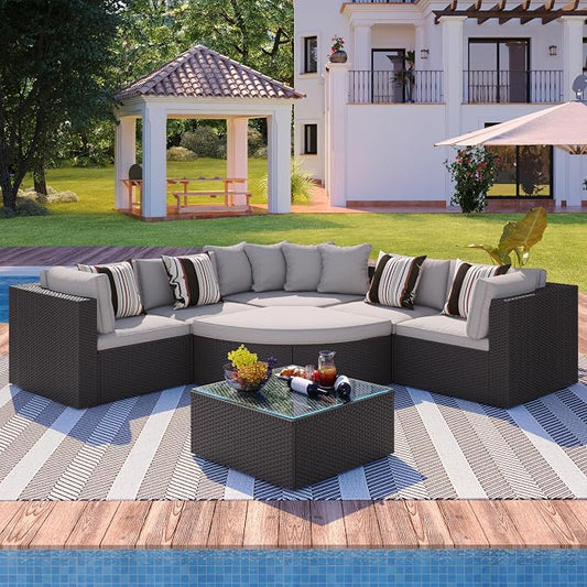 7-Piece Outdoor Wicker Sofa Set, Rattan Sofa Lounger with Striped Pillows, Gray Cushion, Conversation Sofa Set with Coffee Table, for Patio, Garden, Deck (Brown Wicker+Gray Cushion-@A)