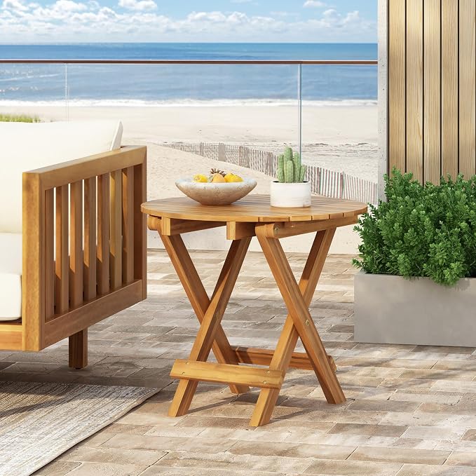 GDFStudio 15" H Folding Patio End Table Accent Table Small Round Sofa Coffee Acacia Wood Lightweight Side Tables with Slat Panel Cross Leg for Living Room Bedroom Balcony Office Outdoor Space, Teak