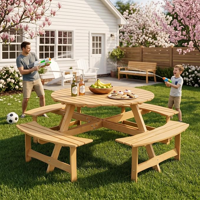 8 Person Outdoor Dining Table, Round Picnic Table with 4 Built-in Benches and Umbrella Hole, Outside Garden Backyard Table and Bench Set, 500lbs Capacity Per Bench (Natural)