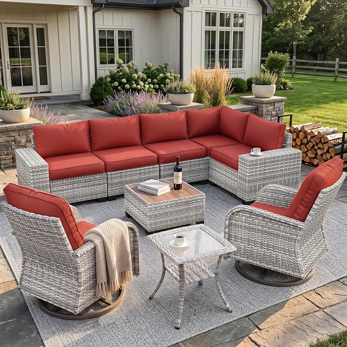 9-Piece Outdoor Patio Furniture Set with Rocking Swivel Chair Wicker Sectional Sofa Set, Patio Conversation Set with Thickened Cushions & Coffee Table for Garden, Backyard, Red